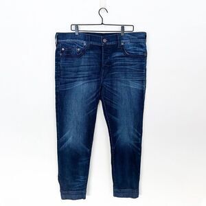 True Religion Mens Relaxed Skinny Rocco No Flap SE Dark Wash Snap Cuff Hidden Bu